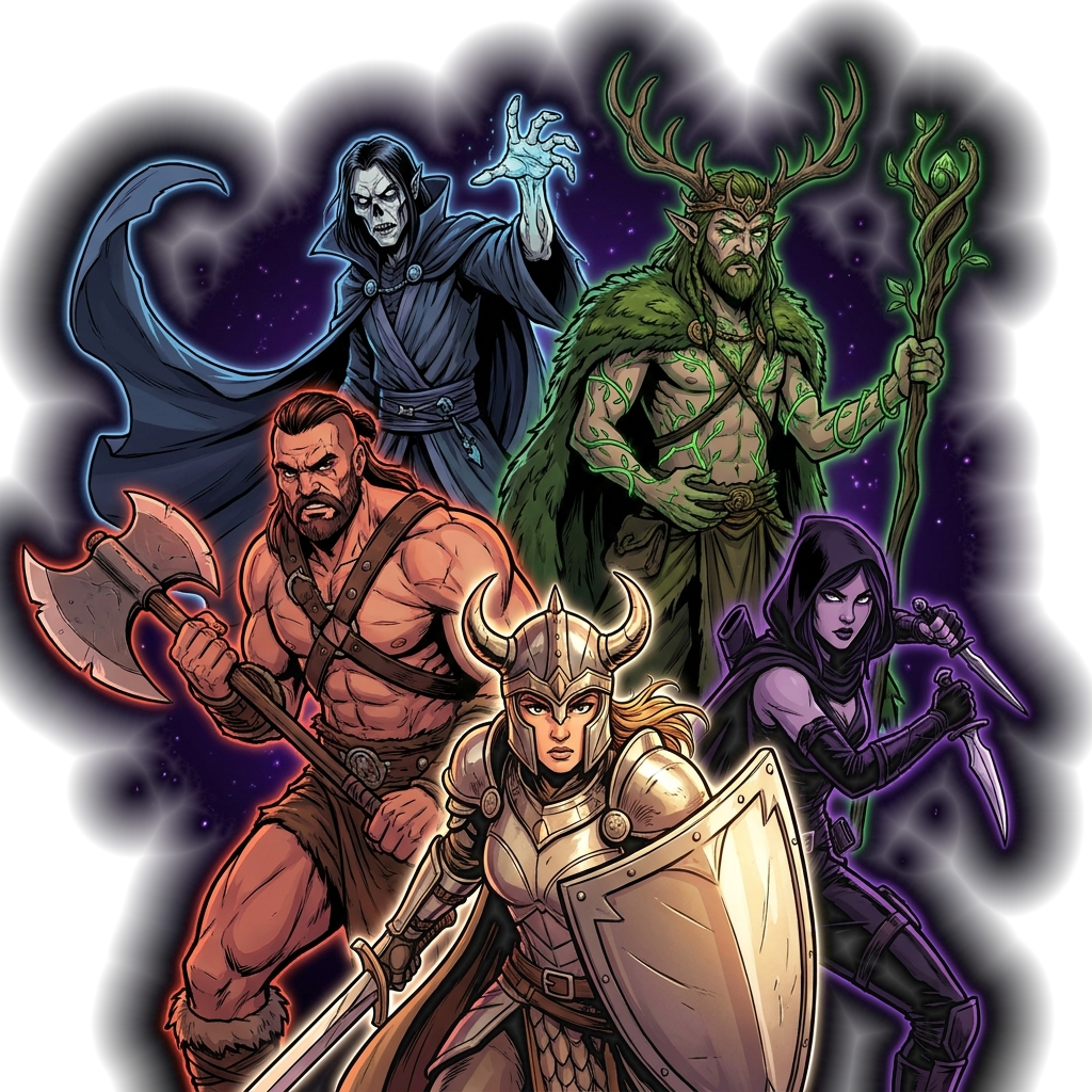 Fünf originelle Fantasy-Helden in unterschiedlichen Mana-Farben — Ritterin, Nekromant, Barbar, Assassinin und Waldschamanin